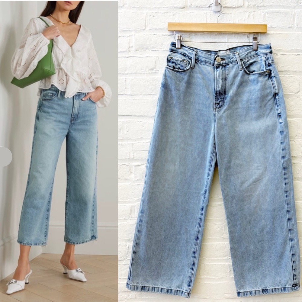 FRAME || Ali High‎ Waist Wide Leg Crop Jeans Rossum 1 Year Distressed Blue 27
